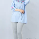 تونیک خونگی نخی گلدوزی گل دور یقه آبی