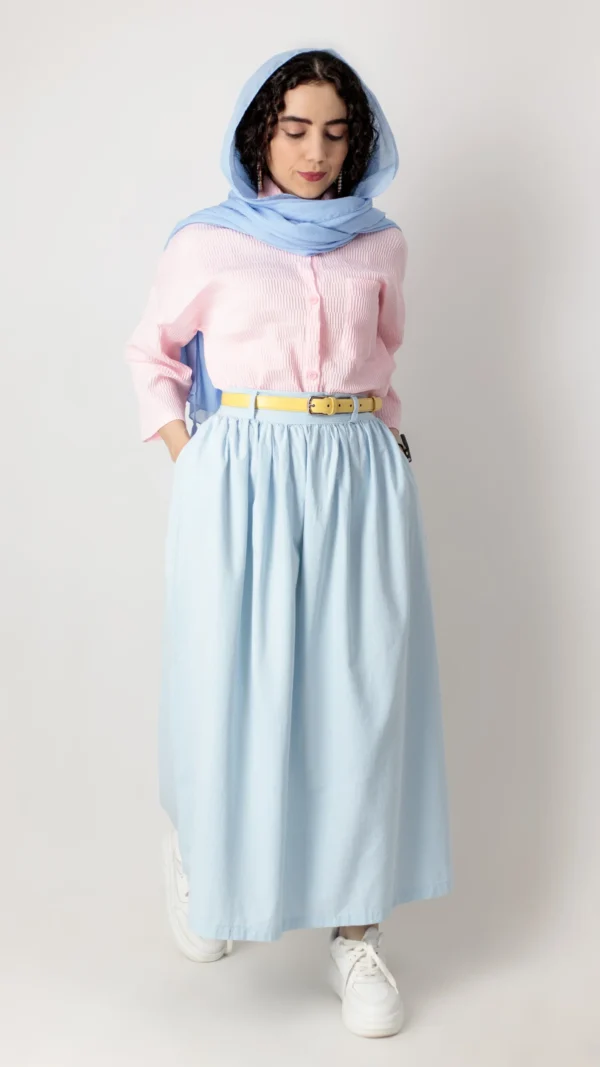 دامن چیندار لینن رنگ آبی آسمانی