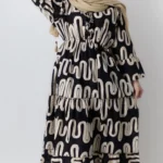 پیراهن بلند کمر باریک مشکی کرم