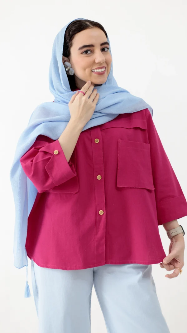شومیز جیب پاکتی لینن رنگ سرخابی