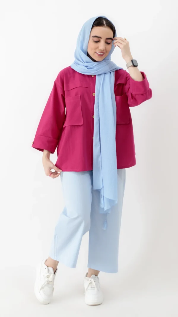 شومیز جیب پاکتی لینن رنگ سرخابی