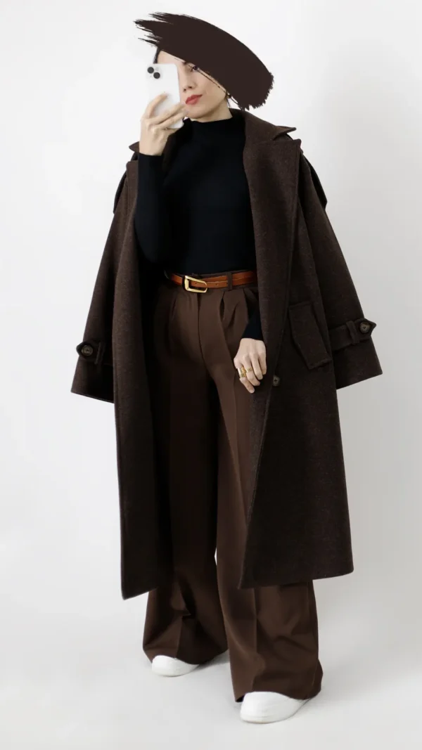 پالتو فوتر بلند آستردار رنگ قهوه ای