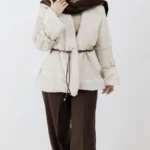 کت ترکیب چرم و پوست رنگ کرم