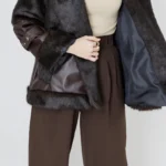 کت ترکیب چرم و پوست رنگ قهوه ای