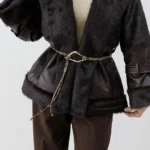 کت ترکیب چرم و پوست رنگ قهوه ای