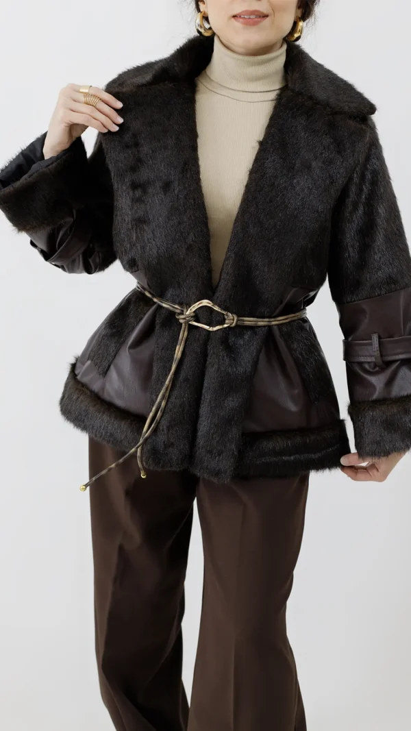 کت ترکیب چرم و پوست رنگ قهوه ای