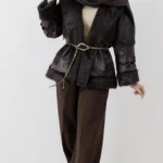 کت ترکیب چرم و پوست رنگ قهوه ای