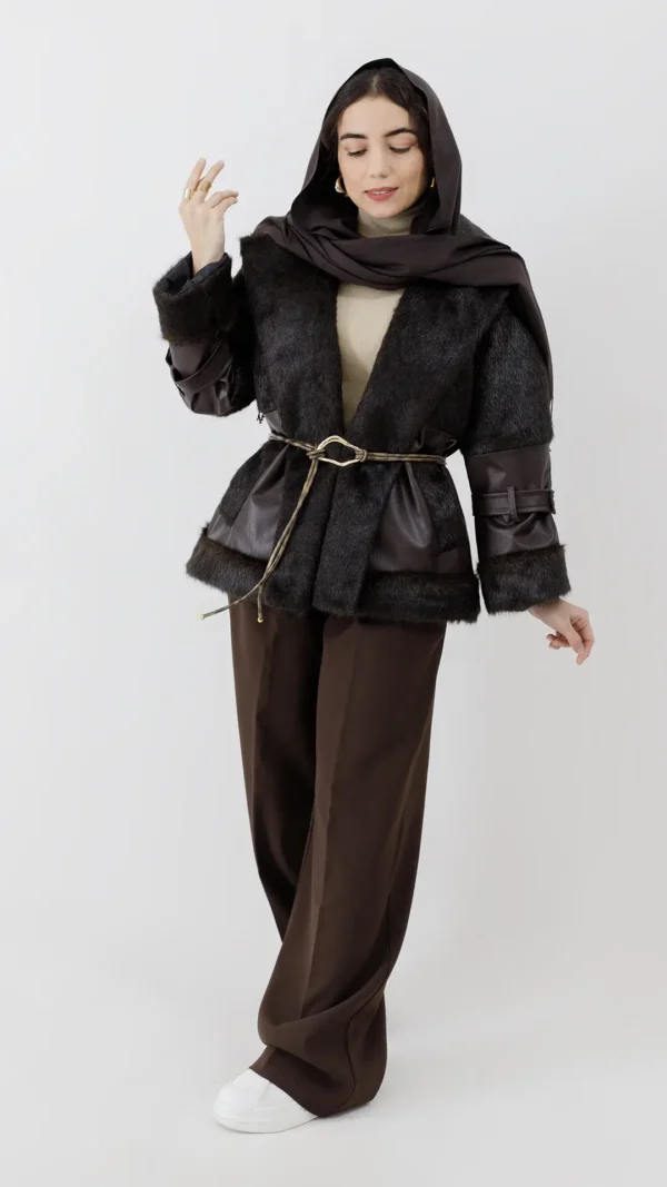 کت ترکیب چرم و پوست رنگ قهوه ای