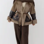 کت ترکیب چرم و پوست رنگ نسکافه ای