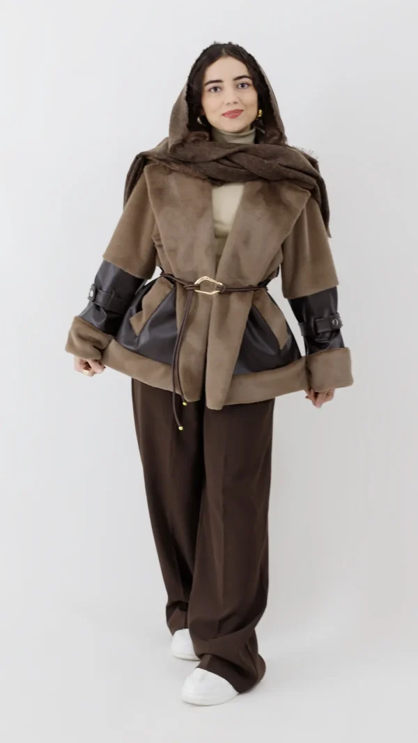 کت ترکیب چرم و پوست رنگ نسکافه ای