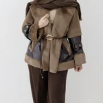 کت ترکیب چرم و پوست رنگ نسکافه ای