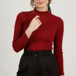 بلوز کبریتی یقه ایستاده رنگ زرشکی