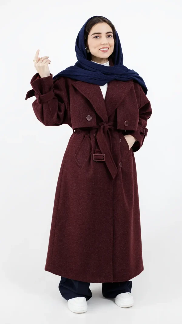 پالتو فوتر بلند آستردار کمردار رنگ زرشکی