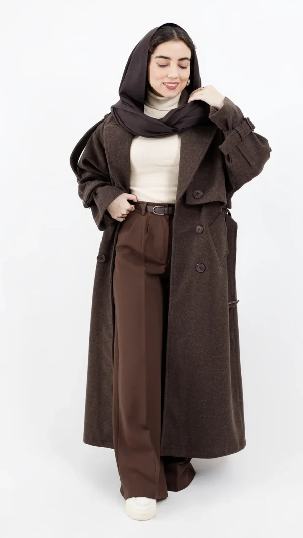 پالتو فوتر بلند آستردار کمردار رنگ قهوه ای