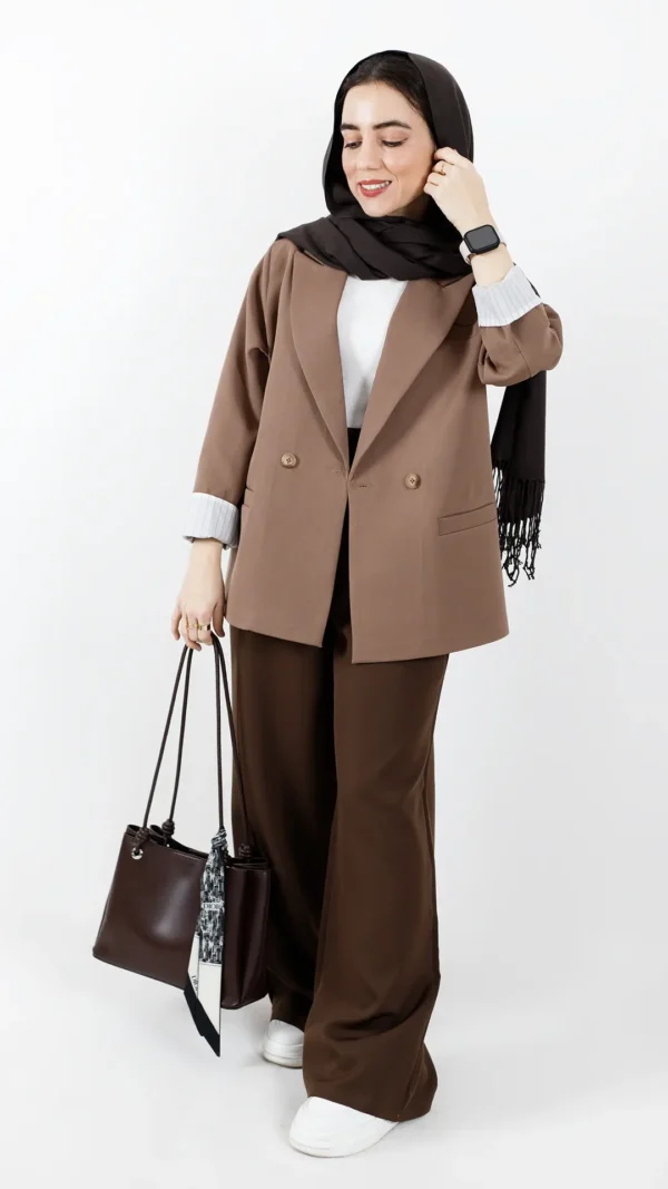 کت دو دکمه آستین راه راه رنگ موکا