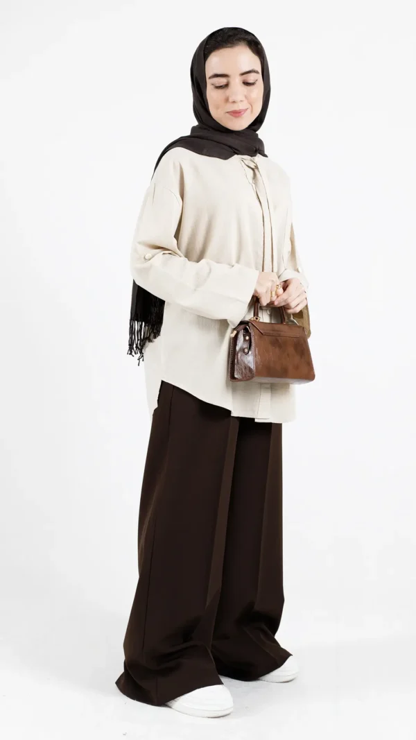 شومیز یقه بنددار رنگ کرم